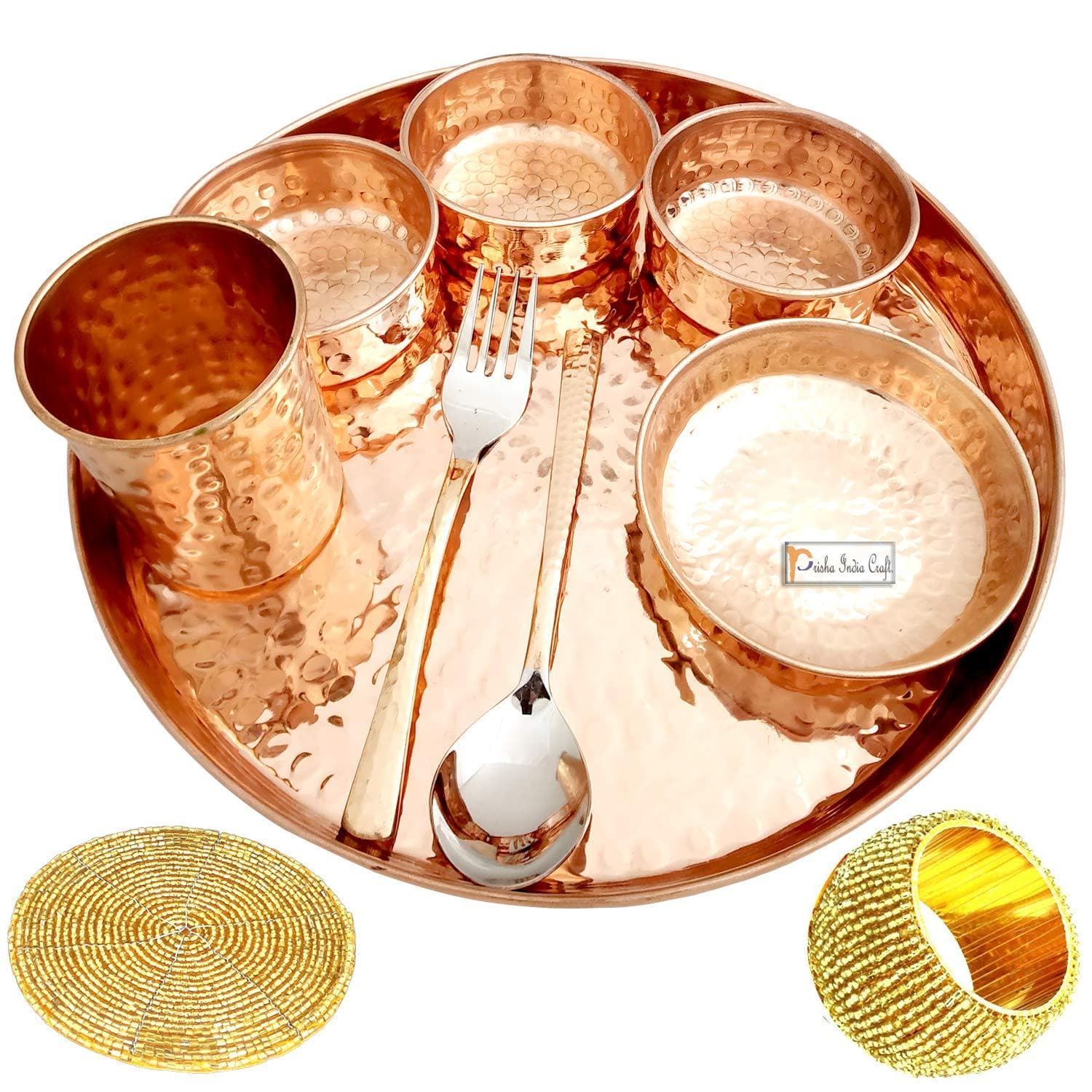 Pure copper thali set of plate, bowl, spoon, fork, glass (12inch) | PRISHA INDIA CRAFT - halfpeapp