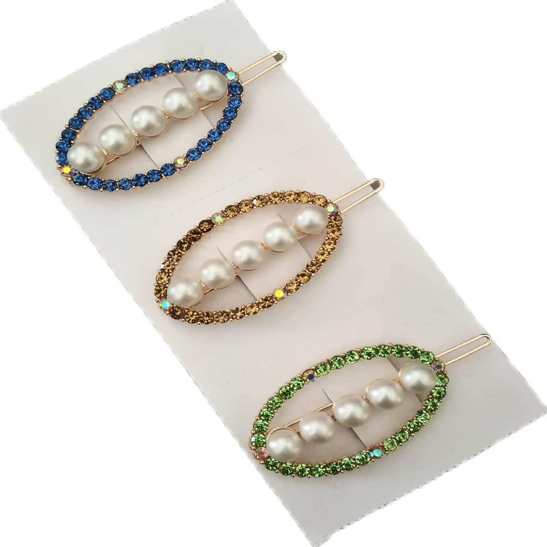 SENECIO 3Pc Big Pearls Colorful Crystal Rhinestone Metallic Golden Hair Pin For Girls & Women Hair Clip - HalfPe