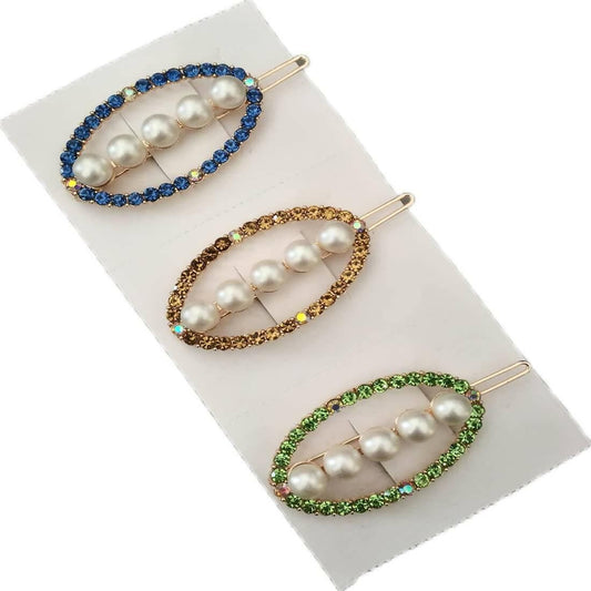 SENECIO 3Pc Big Pearls Colorful Crystal Rhinestone Metallic Golden Hair Pin For Girls & Women Hair Clip - HalfPe