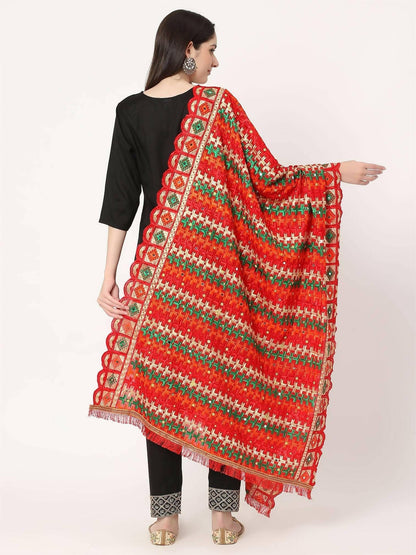 Red Mullticolour Embroidery Phulkari Dupatta with Mirror - HalfPe