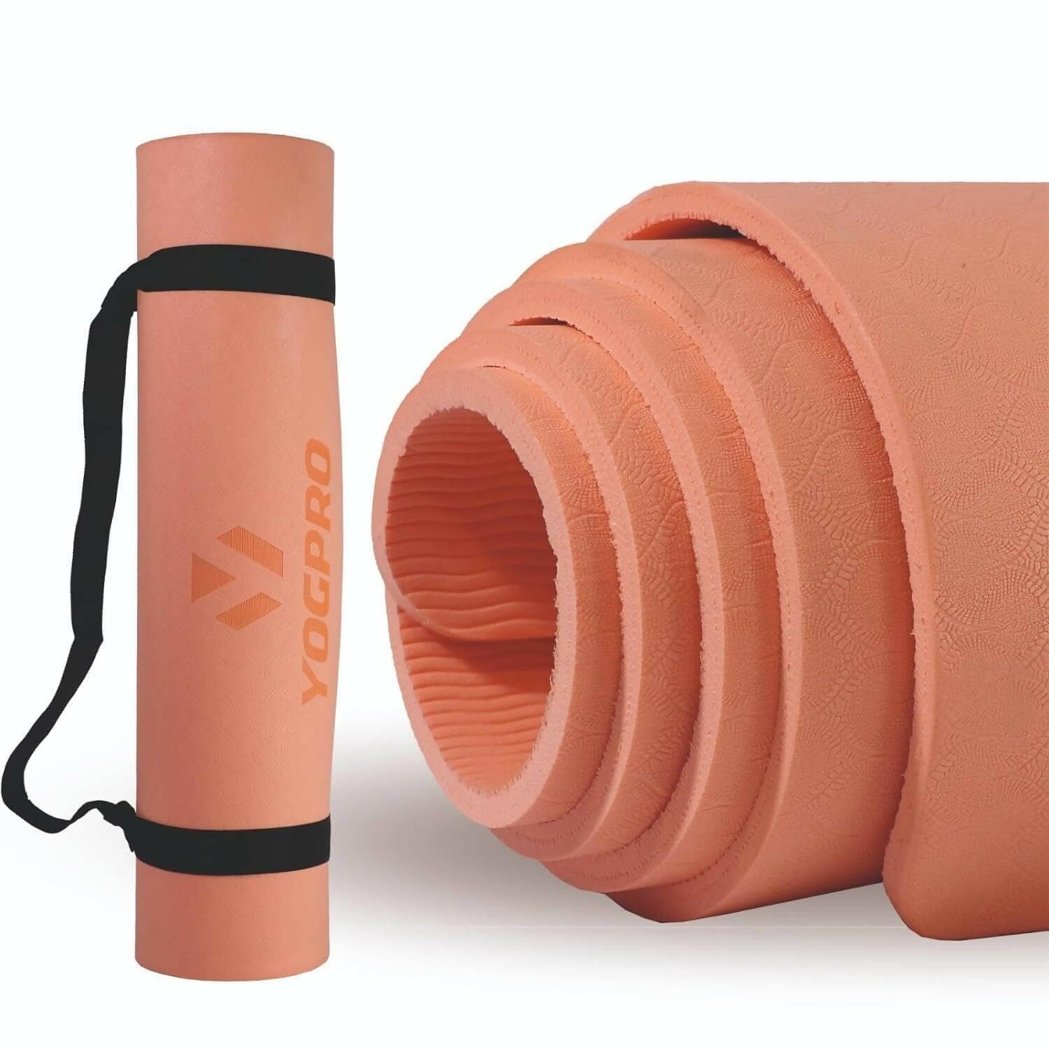 Yogpro TPE Yoga Mat Premium Super Soft Anti Skid and non toxic with Carry Bag and Strap (6 MM, PEACH) - HalfPe