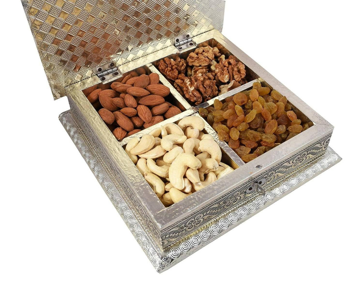 MANTOUSS Diwali Oxidised Dry Fruit Hamper/Pack/Combo-Cashew,Almond,Walnut and Raisin (50gms Each) 200gms +2 earthern Diya, Diwali Greeting Card and Rangoli Colours - HalfPe