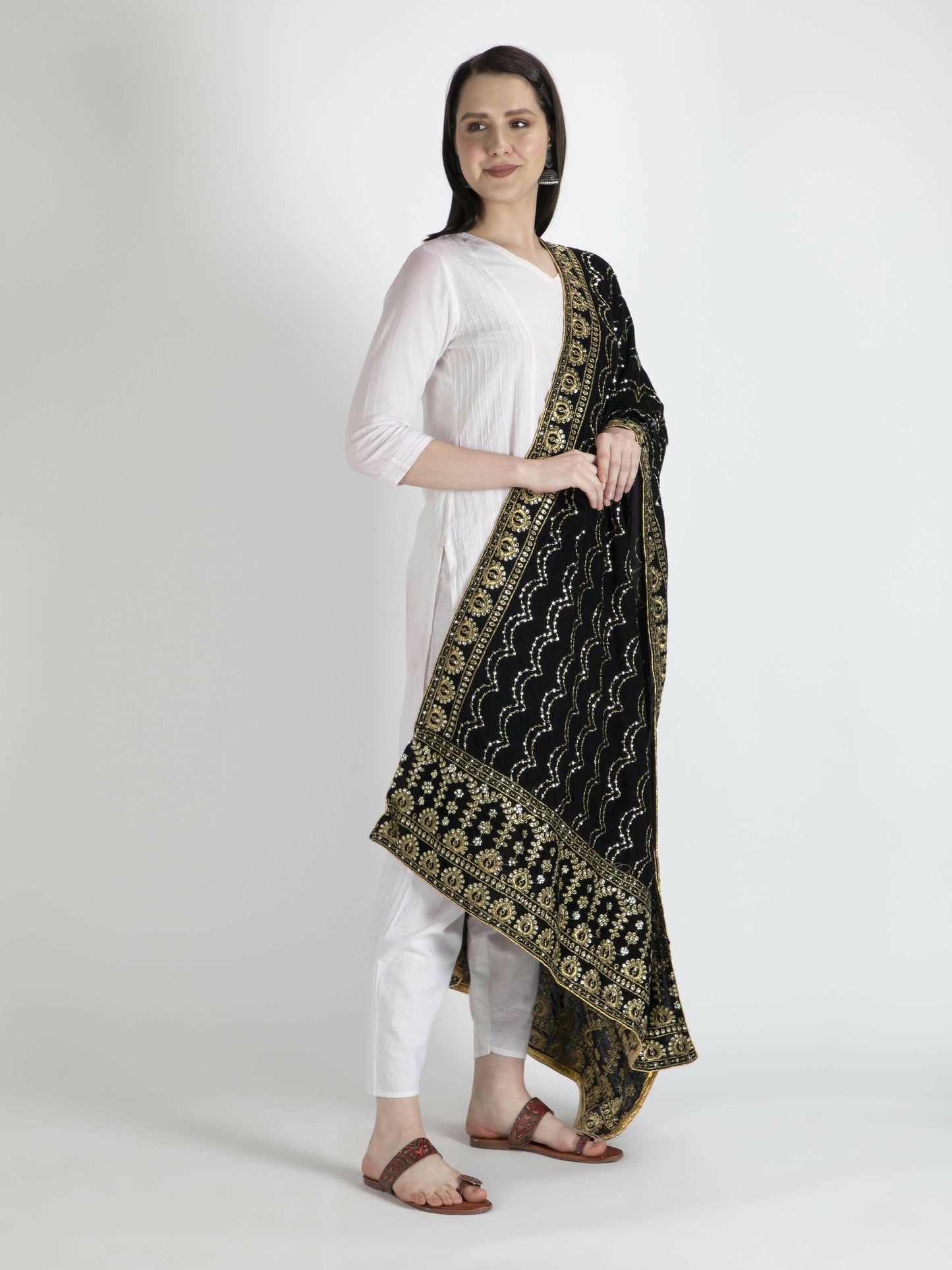 Embroidered Velvet Black Dupatta For Women - HalfPe