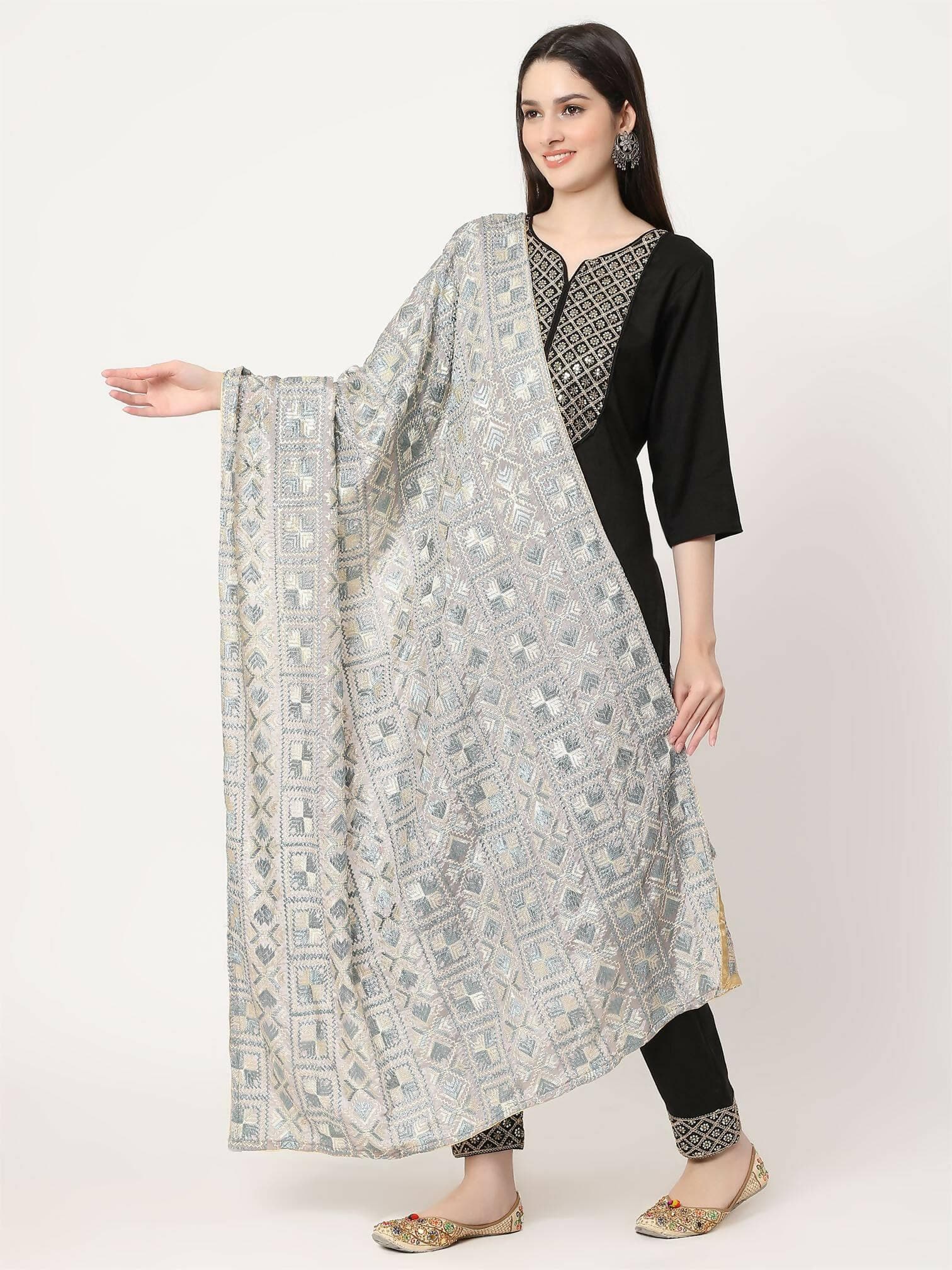 Grey and Off white Embroidery Phulkari Dupatta - HalfPe