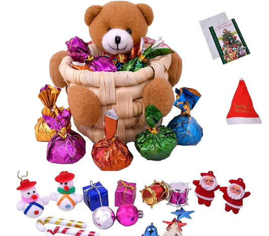 MANTOUSS Christmas Gift in Teddy Basket-Chocolate in a Basket of Teddy Bear + Christmas Tree Decoration Set + Christmas Card + Santa Cap - HalfPe