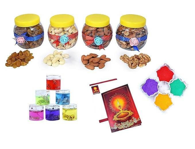 MANTOUSS Premium Diwali Dry Fruit Decorative Jar-Cashew,Almond,Walnut and Raisin (100gms Each),400 GMS+ 2 Gel Filled Glass Candle, Diwali Greeting Card and Rangoli ColoursMANTOUSS Premium Diwali Dry Fruit Decorative Jar is a sophisticated and tasteful gif - HalfPe