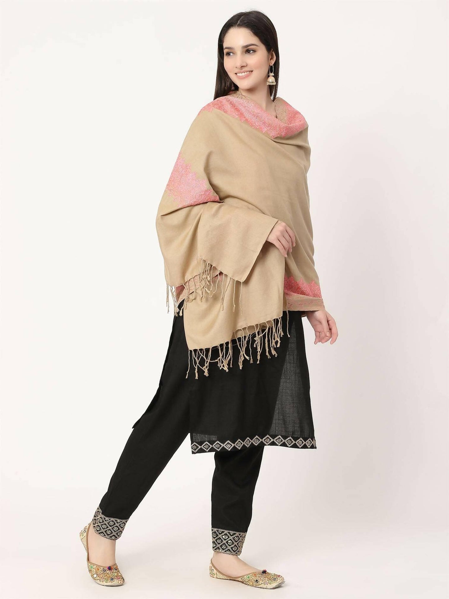 Beige and Baby Pink Embroidered Stole for women - HalfPe