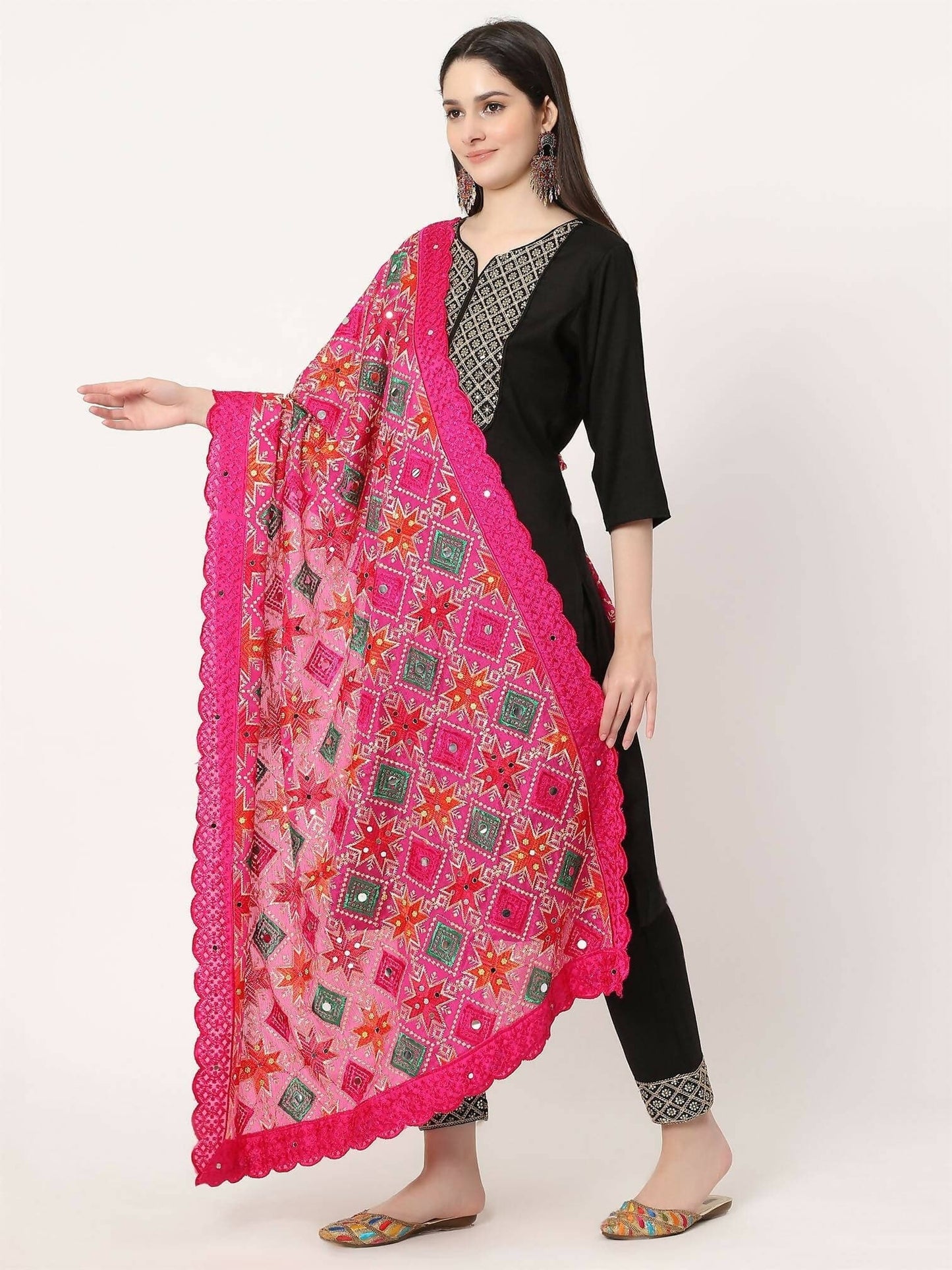 Magenta Multicolour Embroidery Phulkari Dupatta with Mirror Work - HalfPe