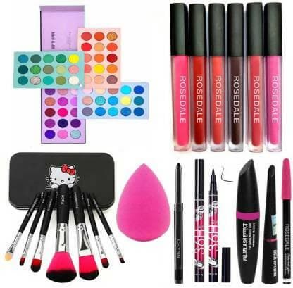 Crynn 20-Piece Beauty Set: Kajal, Blender Sponge, 3in1 Eyeliner, Mascara, Eyebrow Pencil, Eyeshadow Palette, Makeup Brush Set, Liquid Matte Lipsticks - HalfPe