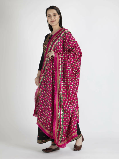 Phulkari Dupatta with Mirror Work (Magenta Green) - HalfPe