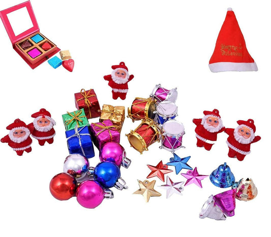 MANTOUSS Christmas Ornament Set of 30(Stars, Bells, Sanntas, Gift Boxes, Balls, Drums) with Christmas Gift (Chocolate Box) - HalfPe