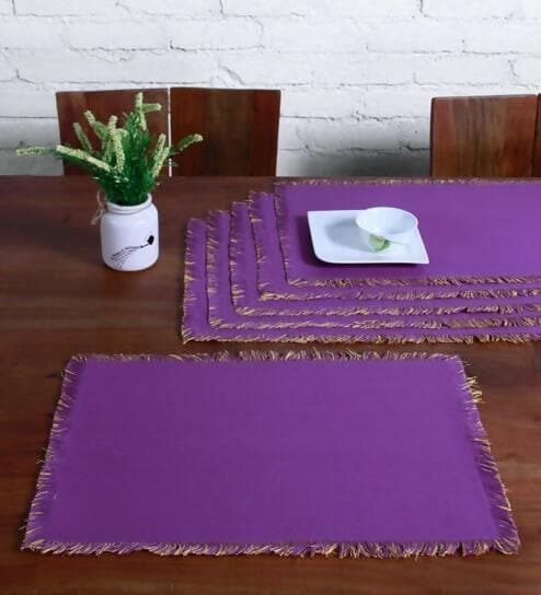 Lushomes dining table mats 6 pieces, Reversible Fancy Fringe dining table mat, dining table accessories for home, kitchen accessories items, Purple and Yellow (13 x 19 Inches, Pack of 6) - HalfPe