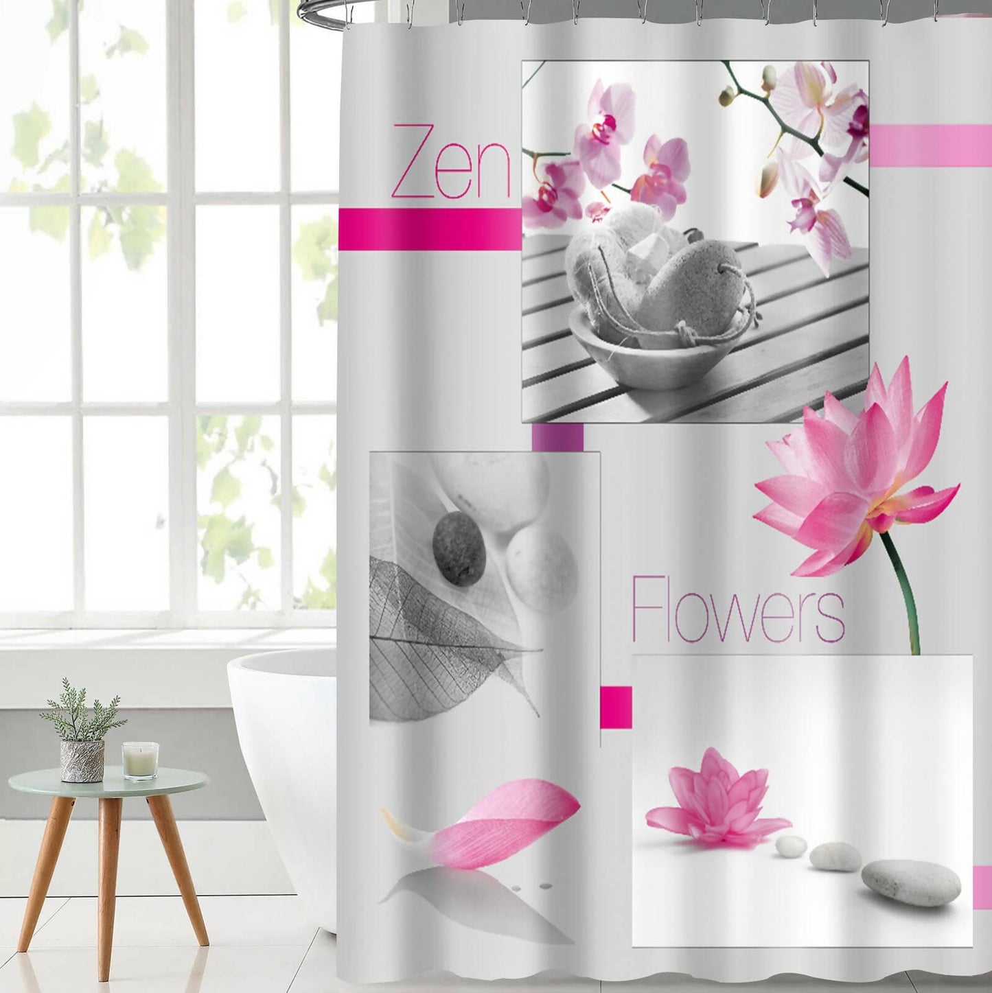 Lushomes shower curtain, Pink Flower Printed, Polyester waterproof 6x6.5 ft with hooks, non-PVC, Non-Plastic, For Washroom, Balcony for Rain, 12 eyelet & 12 Hooks (6 ft W x 6.5 Ft ) - HalfPe