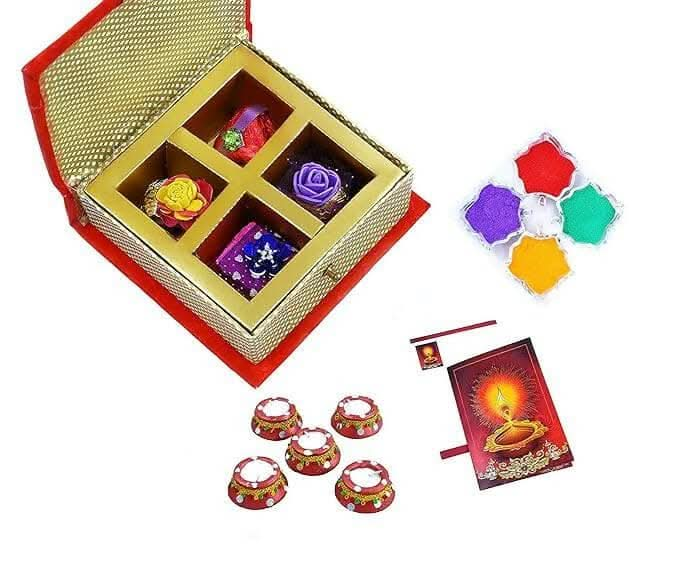 MANTOUSS Happy Diwali Premium Chocolate Box + 2 Matki Wax Filled Diya, Diwali Greeting Card and Rangoli Colours - HalfPe