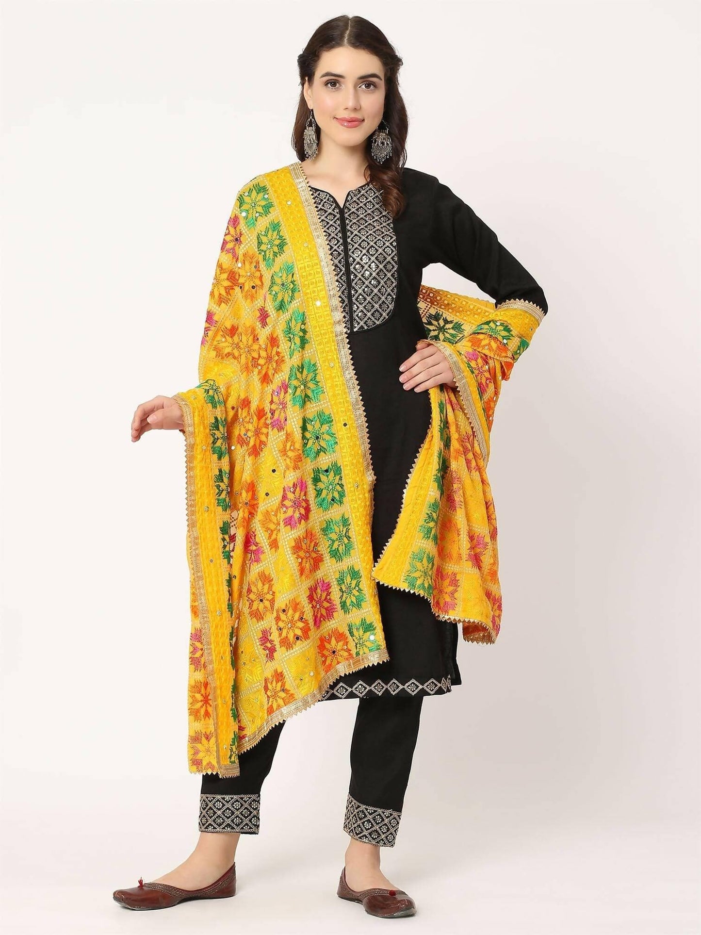 Multicolour Embroidery Phulkari Dupatta with Mirror Work ( Yellow) - HalfPe