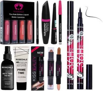 Crynn Rosedale 3in1 Eyeliner Mascara Eyebrow Pencil & Face MistFixer Primer Kiss Contour Stick & Pink Edition Liquid Matte Lipsticks (6 Items in the set) - HalfPe