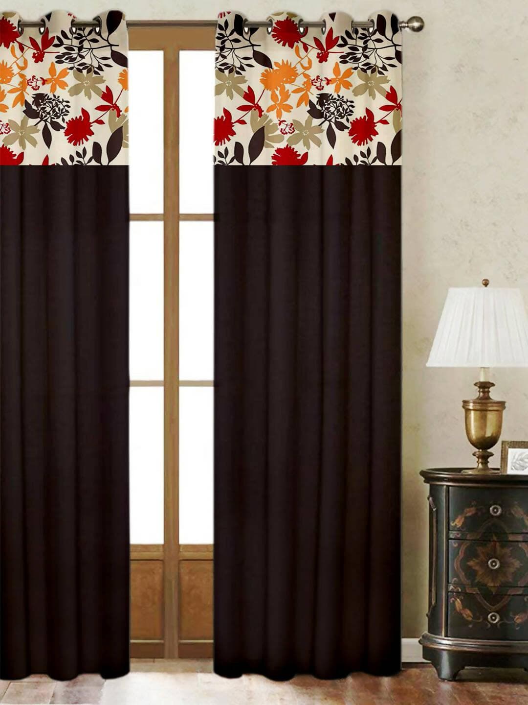 Lushomes Cotton Curtains, Cotton Black Leaf Printed Bloomberry Curtains with 8 Eyelets & Printed Tiebacks for Door, door curtains 7.5 feet, (Size: 54x90 Inches) - HalfPe