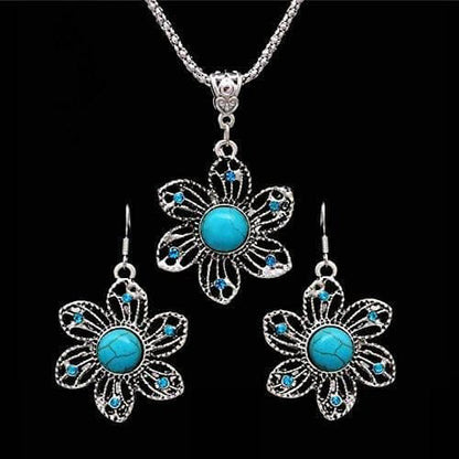 SENECIO Turquoise Collection Silver Plated Floral Necklace with Earrings - HalfPe