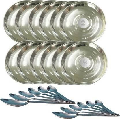 SHINI LIFESTYLE Steel Serving Plate, Lunch Plates 12pc with Table spoon set Dinner Plate (Pack of 24) - HalfPe