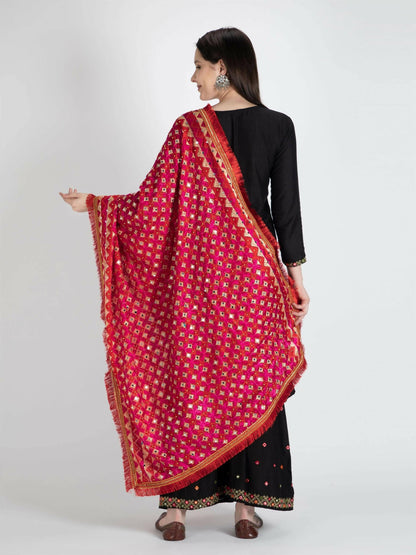 Phulkari Dupatta with Mirror Work (Magenta Red ) - HalfPe