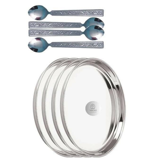 SHINI LIFESTYLE Stainless Steel Serving Plates for Lunch, Big Thali with Table Spoon Set (pack of 8) - HalfPe