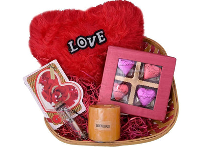 MANTOUSS Valentines Day Gift for Girlfriend/Boyfriend/Husband/Wife/finace-Beautiful Basket+Chocolates in a Decorated Box+Fur Love Heart+Message Bottle+Scented Candle+Valentines Day Card - HalfPe