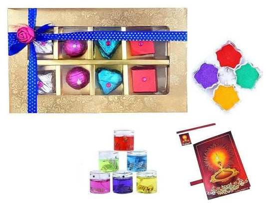 MANTOUSS Happy Diwali Chocolate Gift (Golden Decorative Box) + 2 Gel Filled Glass Candle, Diwali Greeting Card and Rangoli Colours - HalfPe