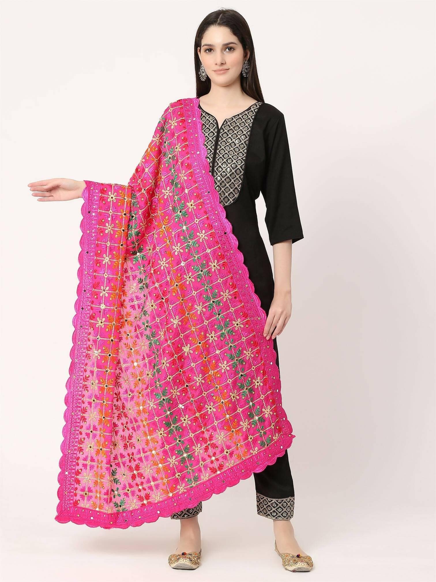 Magenta Multicolour Floral Design Embroidery Phulkari Dupatta with Mirror - HalfPe