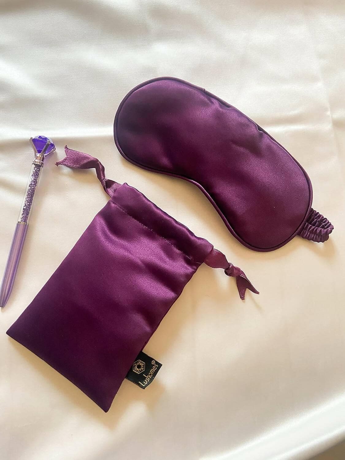 Lushomes Eye Mask for Sleeping, Plain Purple Satin Mulburry Silk Eyemask with piping & fabric covered elastic with Pouch for women - HalfPe