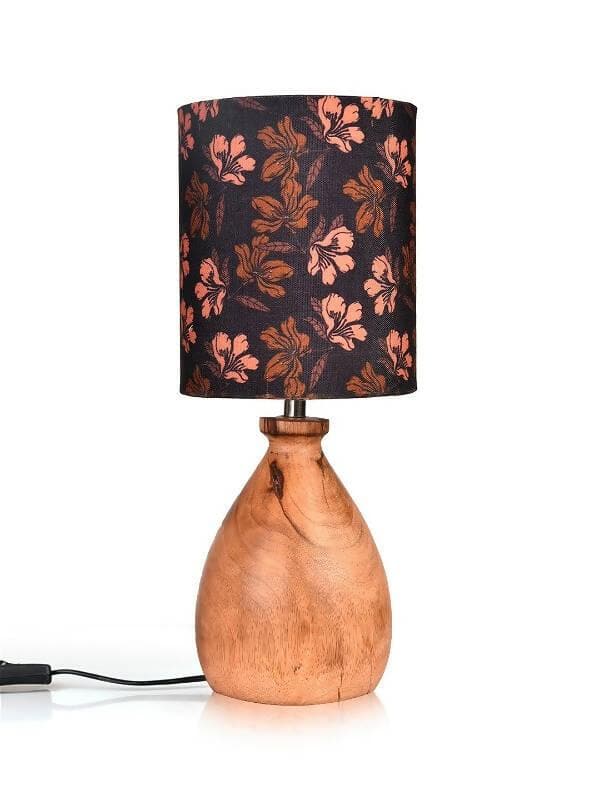 Wooden Dome Table Lamp Black Floral Shade - HalfPe