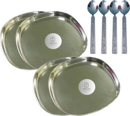 SHINI LIFESTYLE Stainless Steel Plate, dinner set Dinner Plate 2pc with Table Spoon Set Dinner Plate (Pack of 4) - HalfPe