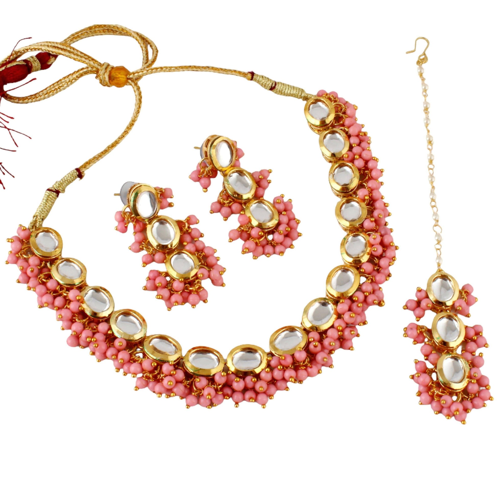 LUCKY JEWELLERY Back Meenakari 18k Gold Plated Pink Color Tika Earring Combo Uncut Big Faux Kundan Choker Necklace set - HalfPe