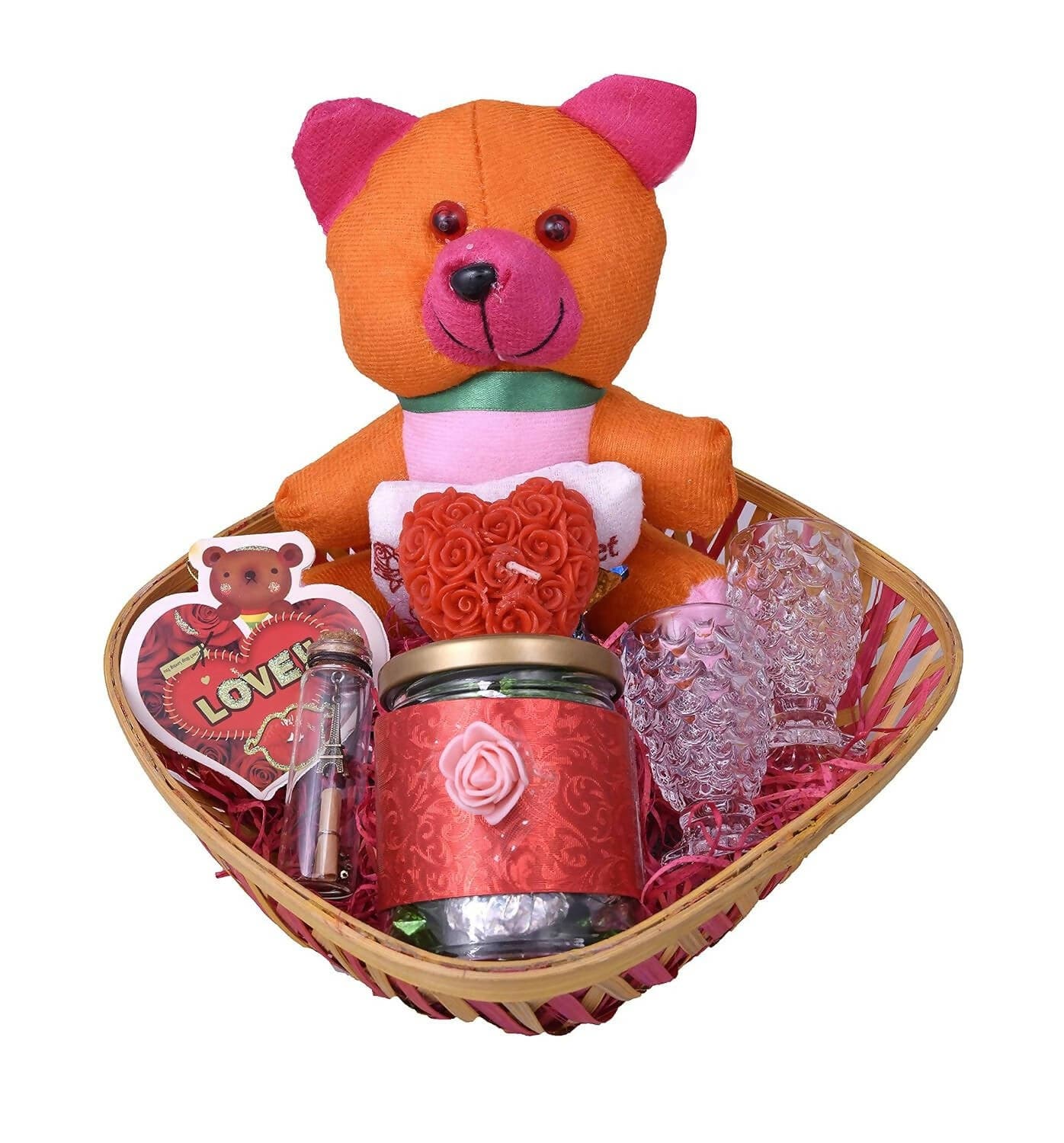 MANTOUSS Valentines Chocolate Gift Hamper for Girlfriend Boyfriend Husband Wife-Decorated Basket+Jar of Chocolate+Cute Teddy Bear+2 Shot Glasses+Heart Shaped Candle+Greeting Card+Love Message Bottle - HalfPe