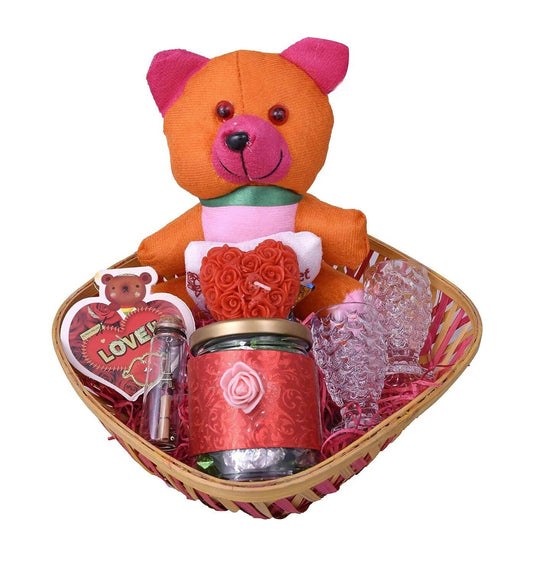 MANTOUSS Valentines Chocolate Gift Hamper for Girlfriend Boyfriend Husband Wife-Decorated Basket+Jar of Chocolate+Cute Teddy Bear+2 Shot Glasses+Heart Shaped Candle+Greeting Card+Love Message Bottle - HalfPe