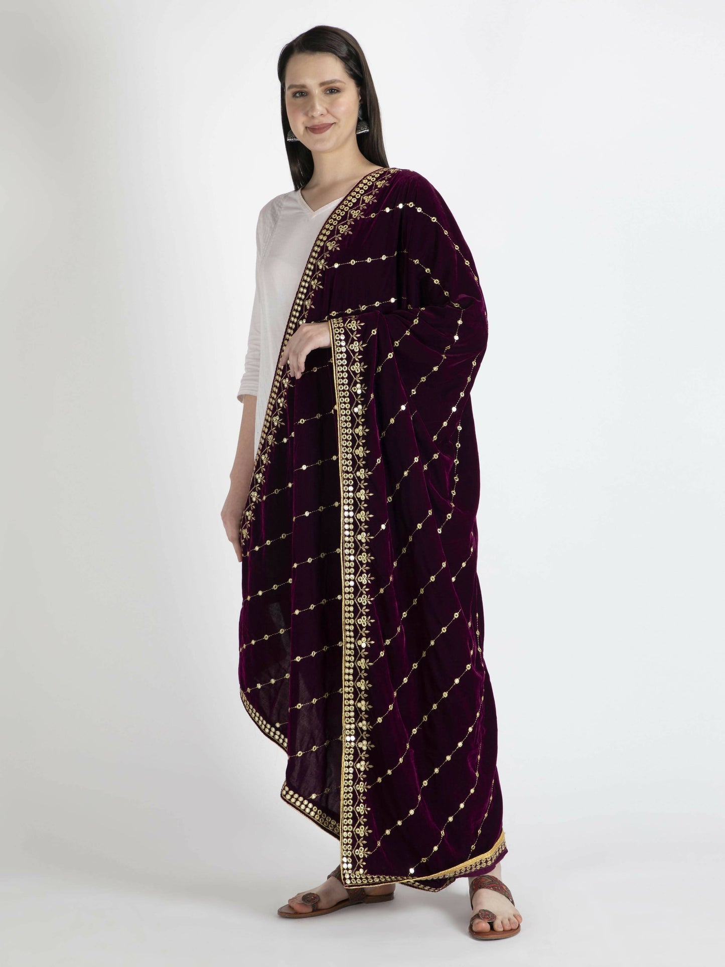 Purple Embroidered Velvet Shawl Dupatta - HalfPe