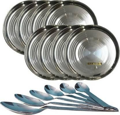 SHINI LIFESTYLE Stainless-Steel Plate, laser design, Dinner Plate 4pc with Spoon 4 pcs combo pack (8 pcs) - HalfPe