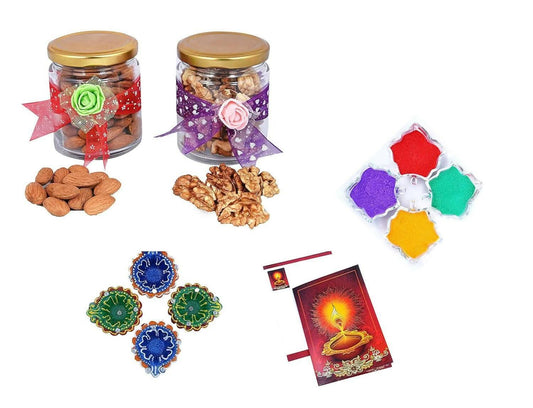 MANTOUSS Diwali Dry Fruit Decorative Glass Jar-Almond and Walnut(100gms Each),200 GMS + 2 earthern Diya, Diwali Greeting Card and Rangoli Colours - HalfPe