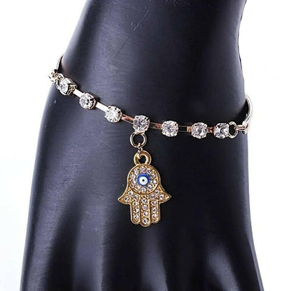 SENECIO Gold Tone Hamsa Hand Evil Eye Crystal Shiny Rhinestone Bracelet For Girls - HalfPe