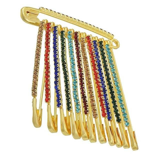 SENECIO Golden Diamond Crystal Stone Studded Romantic Love Saree Dupatta Hijab Clip On Safety Pins Textured Brooch Set For Women/Girls (12Pcs, Multicolor) - HalfPe