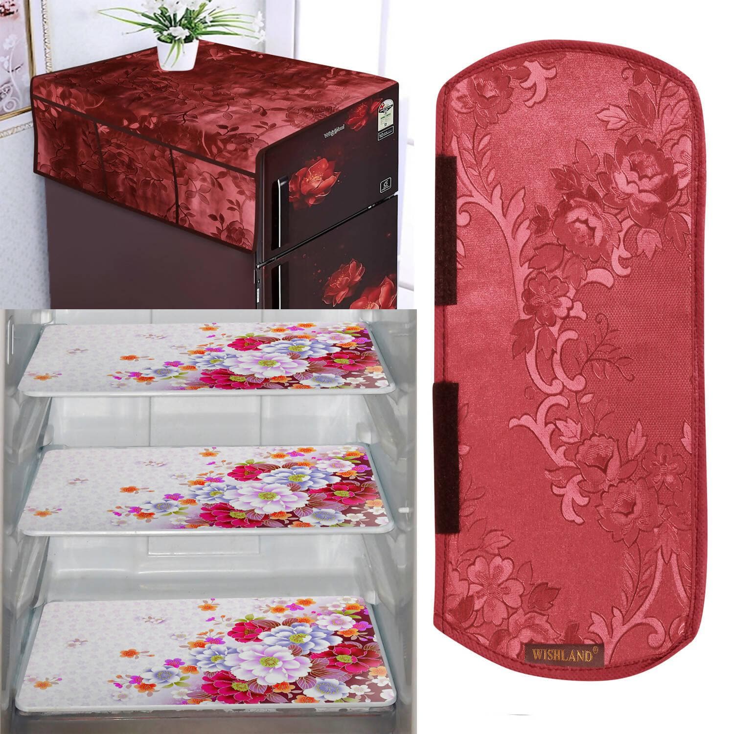 WISHLAND 1 Pc Fridge Cover for Top with 6 Pockets + 1 Handle Cover + 3 Fridge Mats( Fridge Cover Combo Set of 5 Pcs) - HalfPe