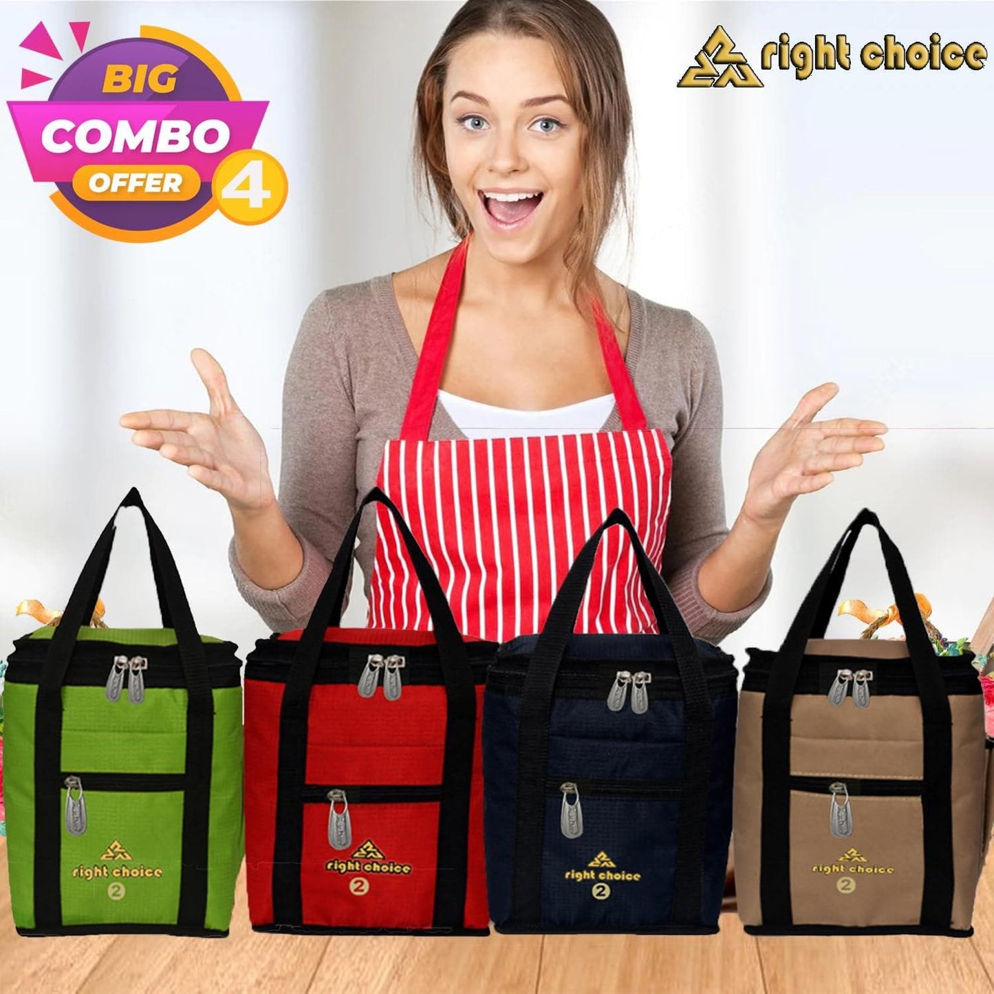 Right choice combo offer lunch bags - (Green,Red,Black,Beige) - pack of 4 - halfpeapp