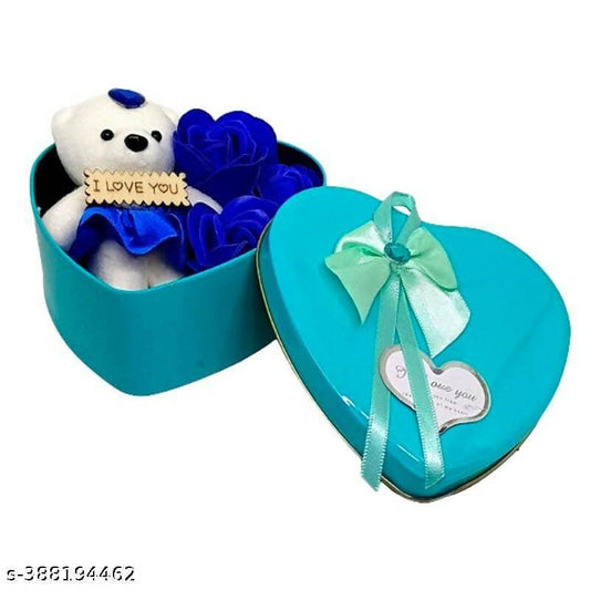 Gift Box for Valentine's Day or Anniversary With Teddy And Rose (Size 12 CM) Turquoise Color - HalfPe