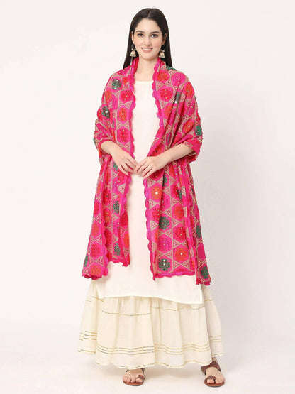 Magenta Multicolour Phulkari Dupatta With Mirror - HalfPe