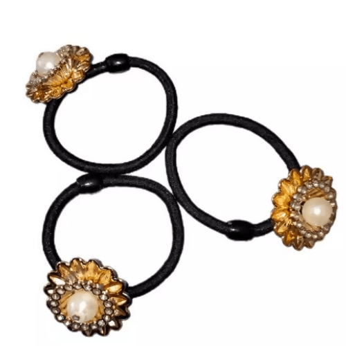 SENECIO Black Lotus Lily Bloom Flower Beaded Crystal Rhinestone Studded Rubber Band Hair Tie Scrunchies(3Pc) - HalfPe