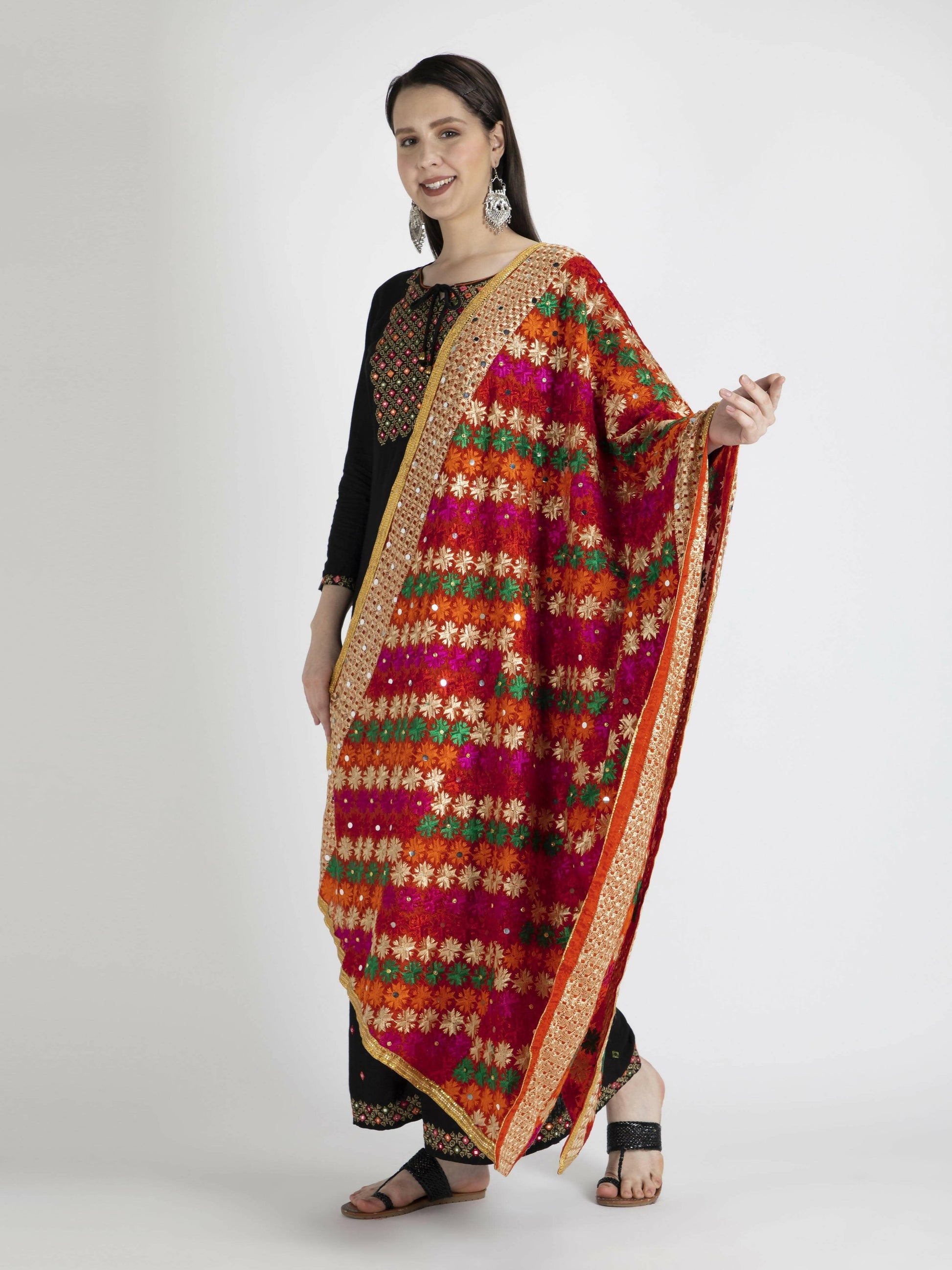 Phulkari with gold Lace and mirror work (multi-color) - HalfPe