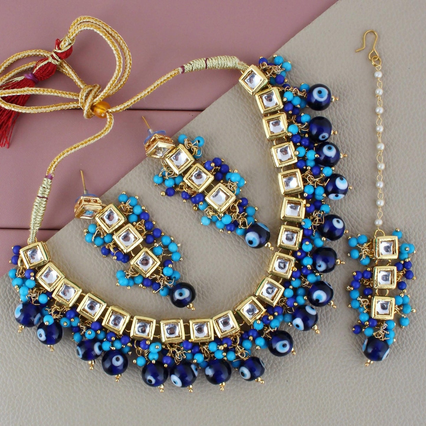 LUCKY JEWELLERY Back Meenakari 18k Gold Plated Blue Color Tika Earring Combo Uncut Big Faux Kundan Choker Necklace set (990-J5SK-1664-EE) - HalfPe