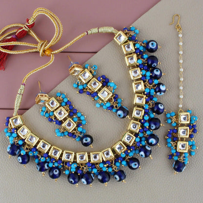 LUCKY JEWELLERY Back Meenakari 18k Gold Plated Blue Color Tika Earring Combo Uncut Big Faux Kundan Choker Necklace set (990-J5SK-1664-EE) - HalfPe