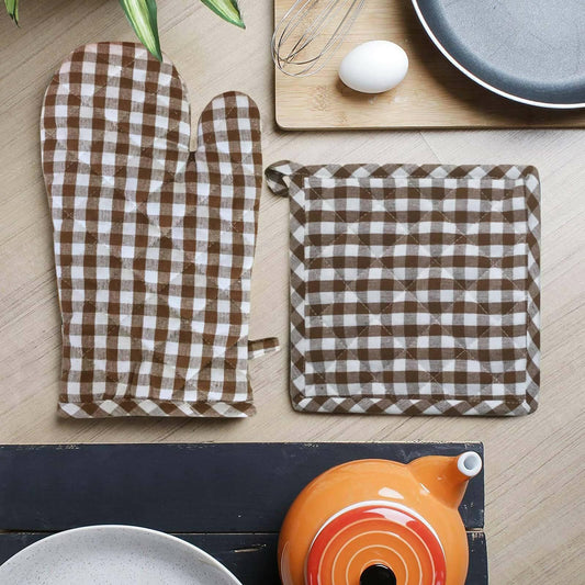 Lushomes oven gloves pot holder Combo, Brown Small Checks microwave gloves & pot holder for kitchen, oven mitts - HalfPe