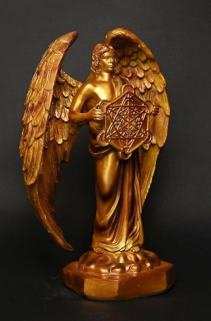 KariGhar Archangel Judaism Metatron Statue Idol Perfect Reiki Healing Angel Holding Sacred Flower of Life Geometric Cube Statue Gold (9 x 10 x 26 CM) - HalfPe