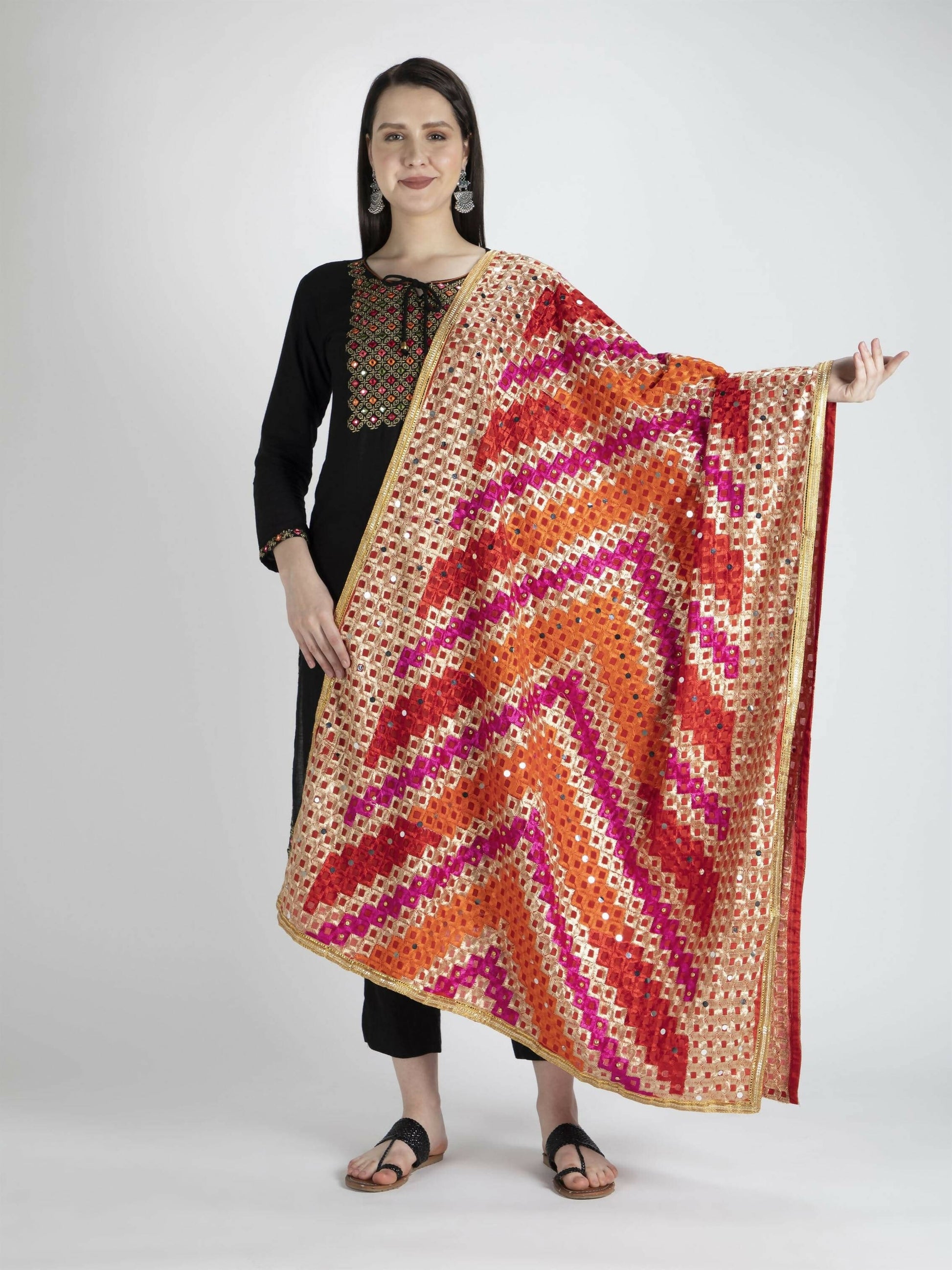 Multicolour Phulkari Dupatta with Mirror Work(red) - HalfPe